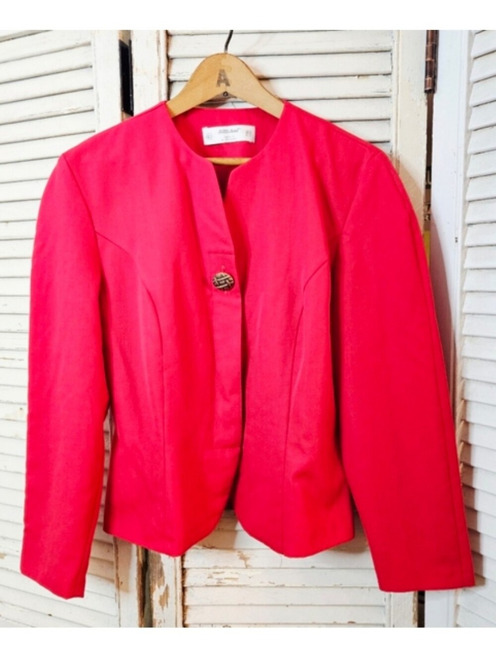 Vintage 80s Wool Blend Tailored Blazer With Novelty Button Vibrant Red Small